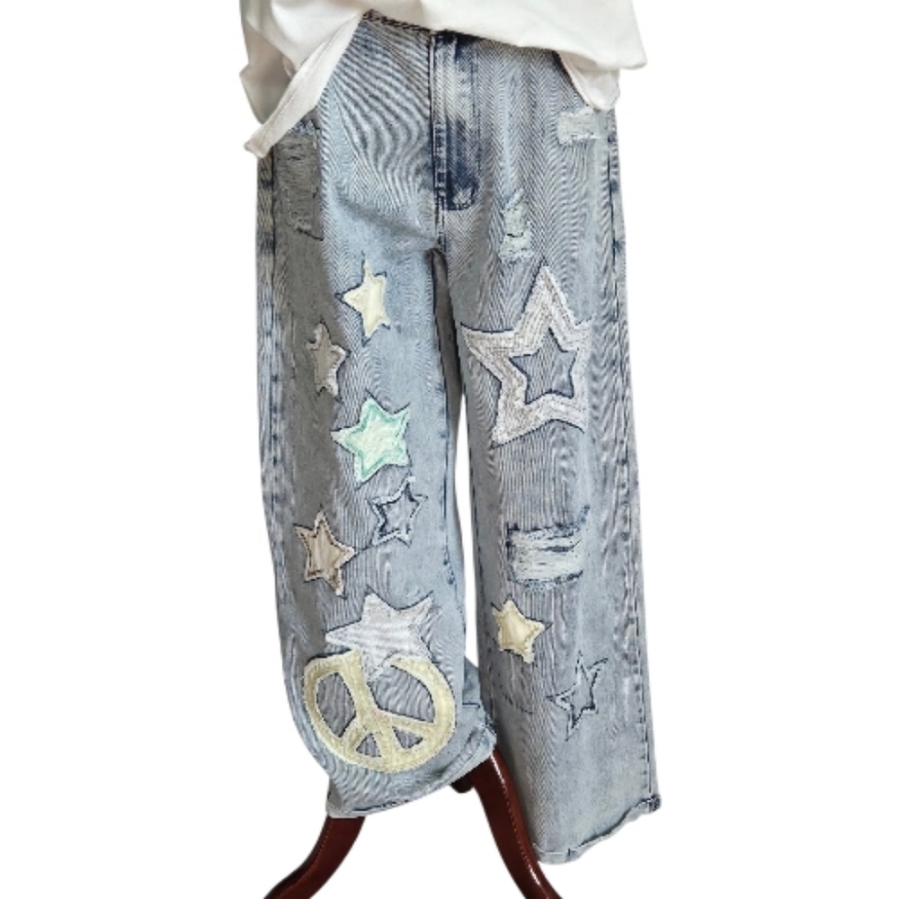 Women’s Straight Leg Jeans with Star & Peace Patchwork - Gray - Picture 3 of 13